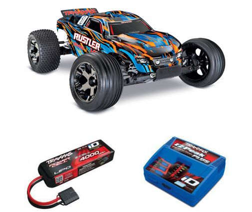 Pack Traxxas Rustler - 4x2 - Orange X + Chargeur + batterie 3s 4000 mAh